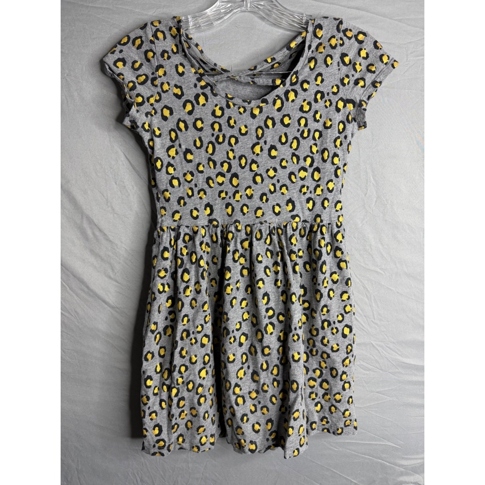 Girls Gray Yellow Leopard Print Cotton Short Sleeve Dress Size 8